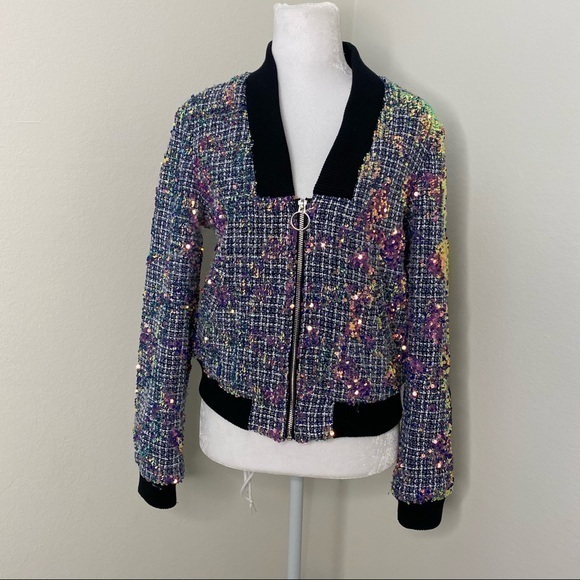 Guess Jackets & Blazers - GUESS tweed sequined deep neckline jacket